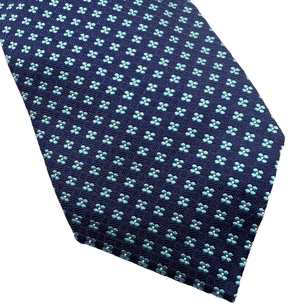 VAKKO Men's NECKTIE 100% SILK, Navy Blue Background Small Aqua Blue Flowers EUC